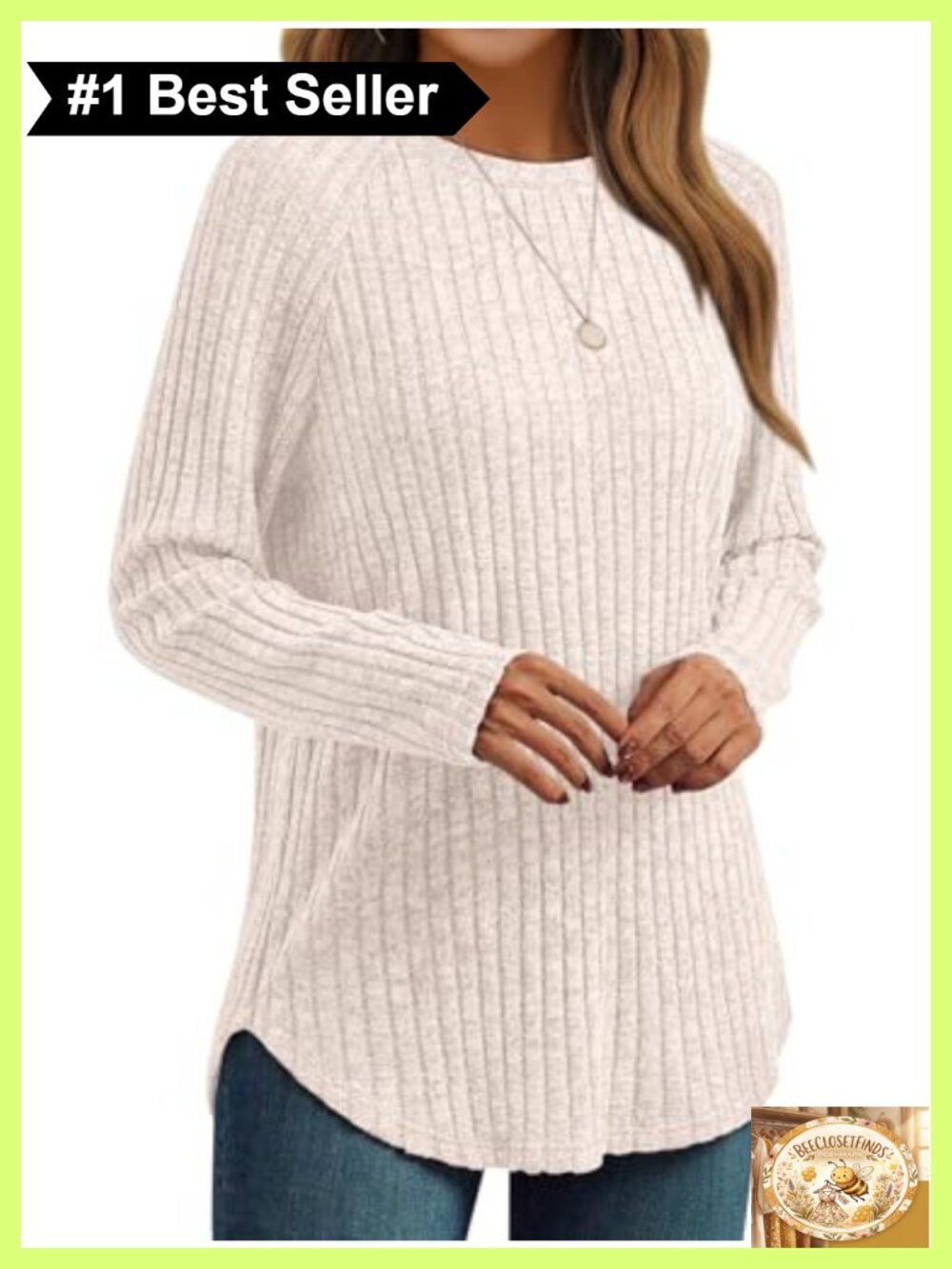 Womens Ribbed Knit Long Sleeve Tunic Top Crewneck Curved Hem